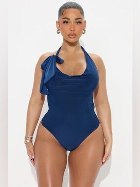Fashion Nova Summer Blockbuster Cowl Neck Halter Bodysuit - Navy